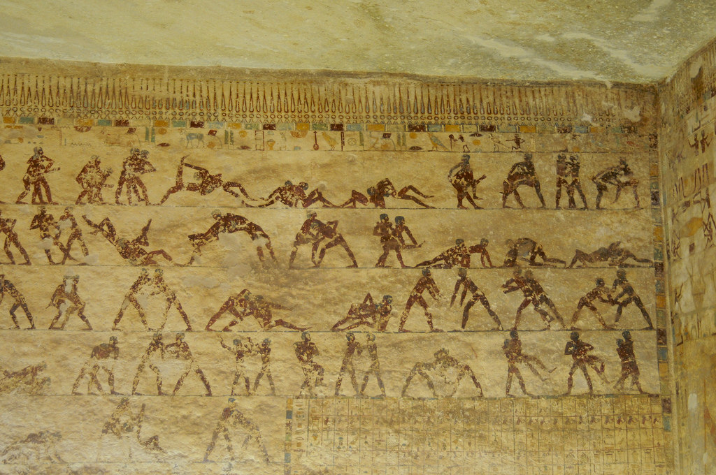 Imagem encontrada no Antigo Egito sobre o surgimento dos esportes com pinturas de esporte
